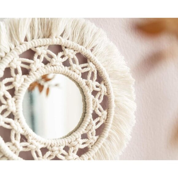 THREE (3)PC Set of Wall Mirrors Boho Beige Macrame Bohemian Global Decor NEW NIB - Picture 6 of 11